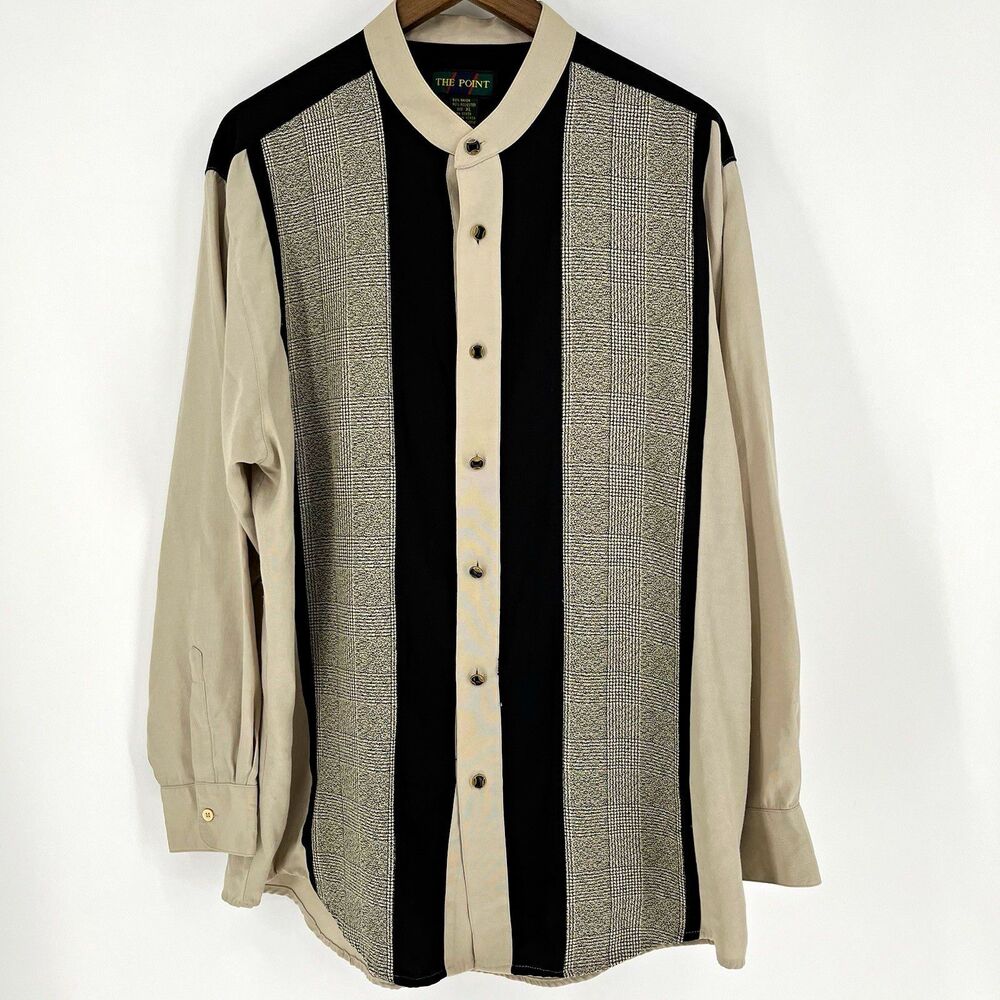 VTG THE POINT Mens XL Color Block Shirt Black Beige Plaid Band Collar Rayon